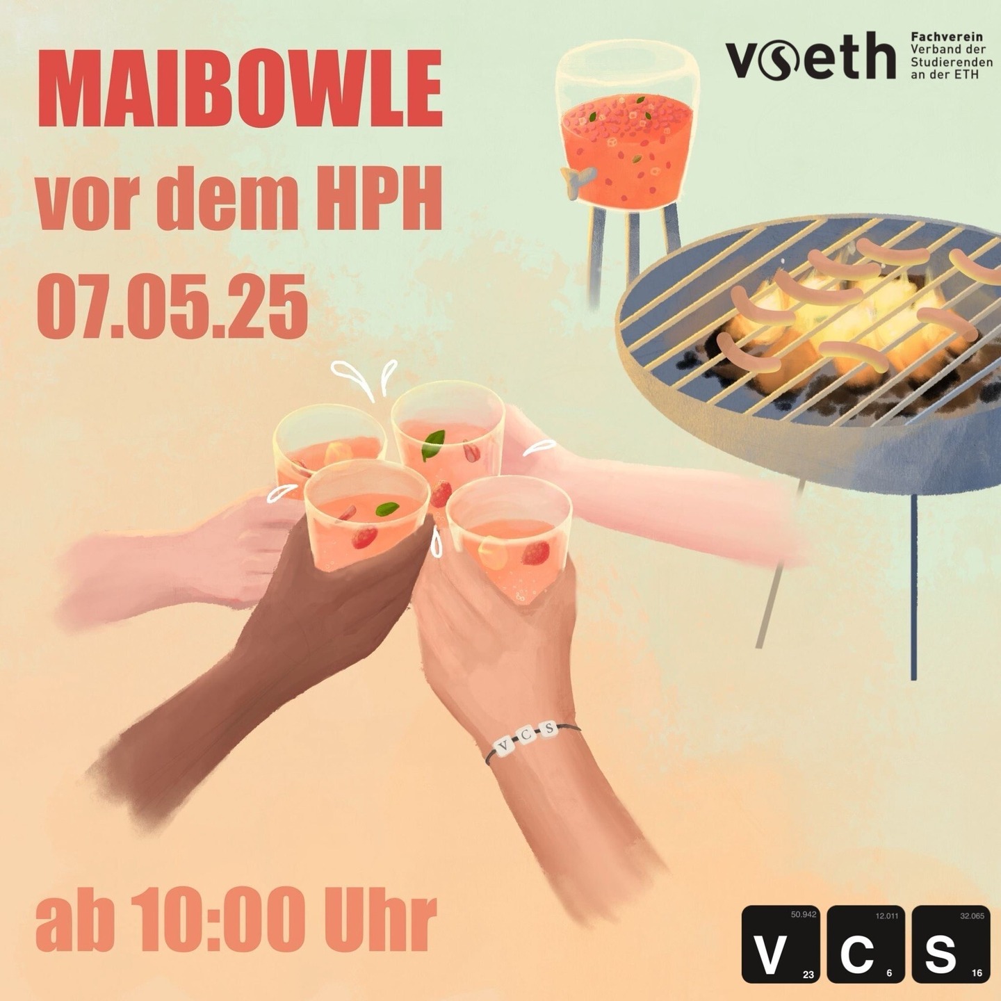 🍹 May’s here — and that means Maibowle is back! 🍹
Join us in front of HPH for delicious bowle and a sizzling grill, hosted together with VCS!
📅 May 7th
🕙 10:00 – 18:00
📍 In front of HPH
🍹 Free Maibowle & grill for VCS&VAC members (2 CHF for external)
🔥 Grilling kicks off in the afternoon