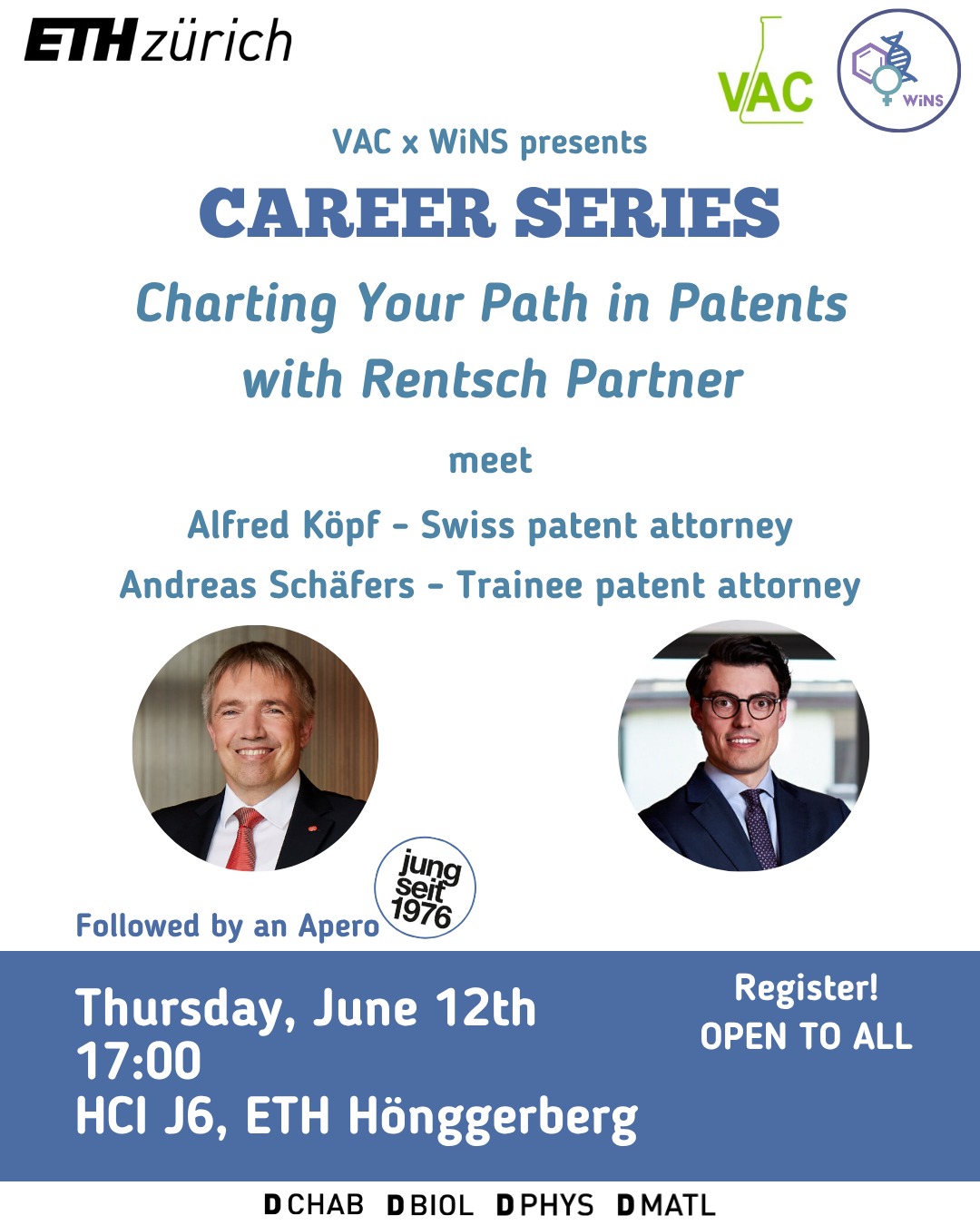 🚀 Curious about a career in the patent field? Join us for an exciting VAC x WiNS Career Event: Charting your path in Patents with Rentsch Partner!🚀
📆 Date & Time: 12th June, 5 PM - 6.30 PM. + Apero 🍷
📍 Location: HCI J6, ETH Hönggerberg Campus
🔗 Register here: https://shorturl.at/iSMxt
Meet Dr. Alfred Koepf, a partner at Rentsch Partner and an experienced European and Swiss Patent Attorney.
You’ll also hear from Andreas Schäfers, a Senior Trainee Patent Attorney with a focus on mechanical and electrical engineering innovations.
🍷 Apero: Stay for a relaxed networking where you’ll have the chance to meet and connect with additional employees from Rentsch Partner.This event is open to everyone, with a particular focus on Master’s, PhD students, and Postdocs.