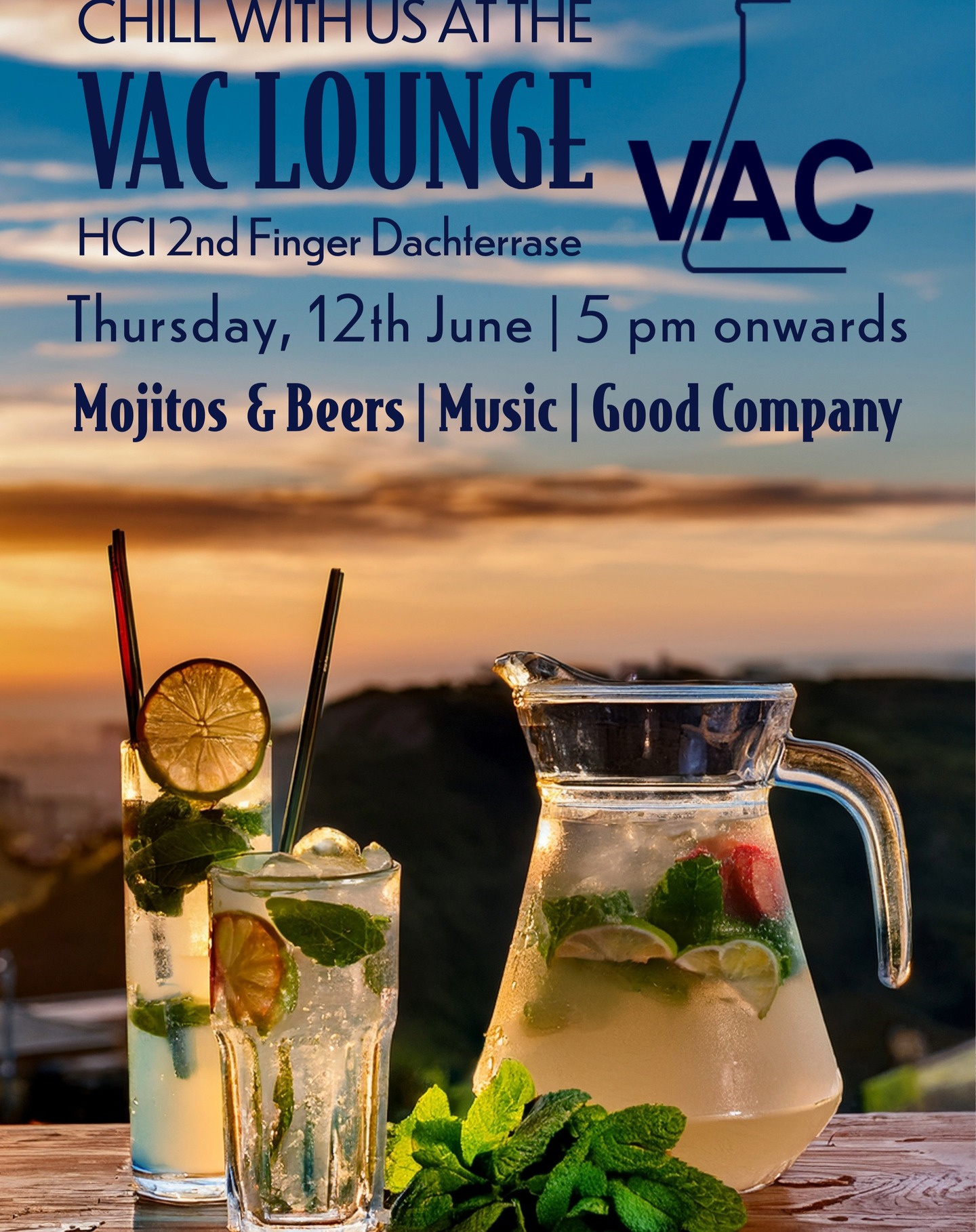 Our VAC Lounge Drinks event is back!
Swap keyboard breaks for mojito breaks 🙌 and join us at the📍VAC Lounge 📆Thursday 12th June, from 🕔5 PM onwards!
What’s in store?
🍹A pitcher of mojitos so big, you might think it is bottomless
🍩Complimentary snacks to keep the vibes going
🎶 Chill music and a relaxed outdoor lounge atmosphere
No RSVP required – just bring your friends and drop by! (🤞for good weather!)
See you there!